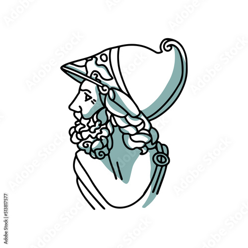 Greek face of statue in helmet. Trendy linear ancient marble sculpture of man with shadows. Portrait antique god in creative linear style for print. Vector hand drawn isolated illustration