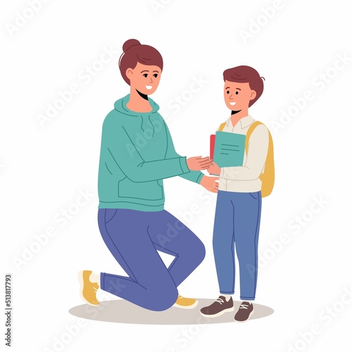 Mother brings her son to school. First day at school. Little boy feeling very excited about going back to school. Kids with parent on first day school
