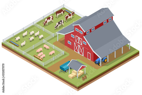 Isometric agricultural farm buildings, windmill barn and silo sheds hay garden beds and tractor. Cows pigs, sheep on a farm