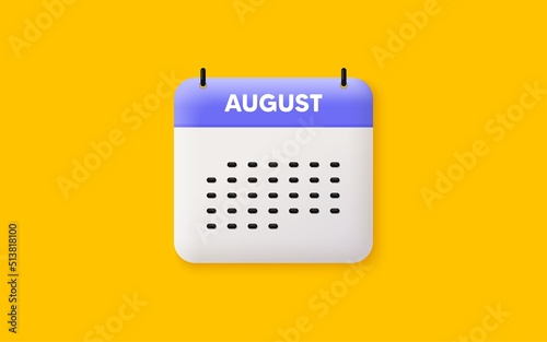 Calendar date 3d icon. August month icon. Event schedule Aug date. Meeting appointment planner. Agenda plan, Month schedule 3d calendar and Time planner. August day reminder. Vector