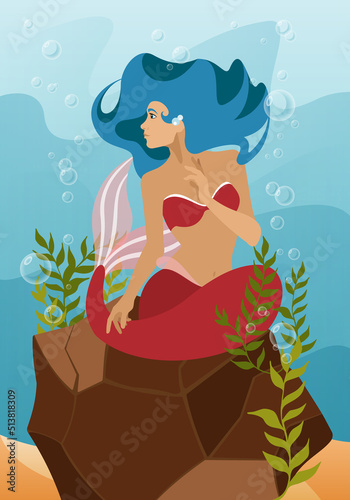 Mermaid. A girl with a pink tail and blue hair sits on a stone ocean floor among algae. Vector illustration of mythology and fairy tales.
