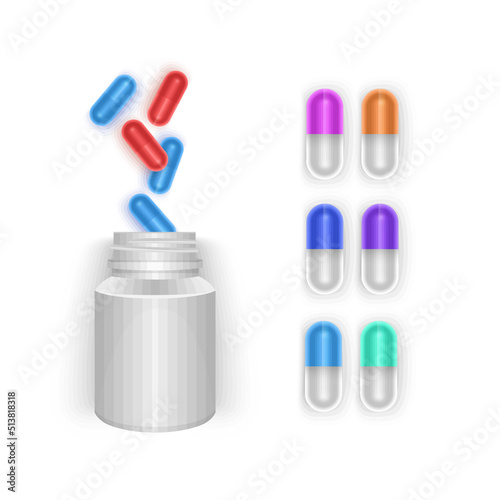Multi colored Pills and white jar isolated on white background, vector eps 10 format