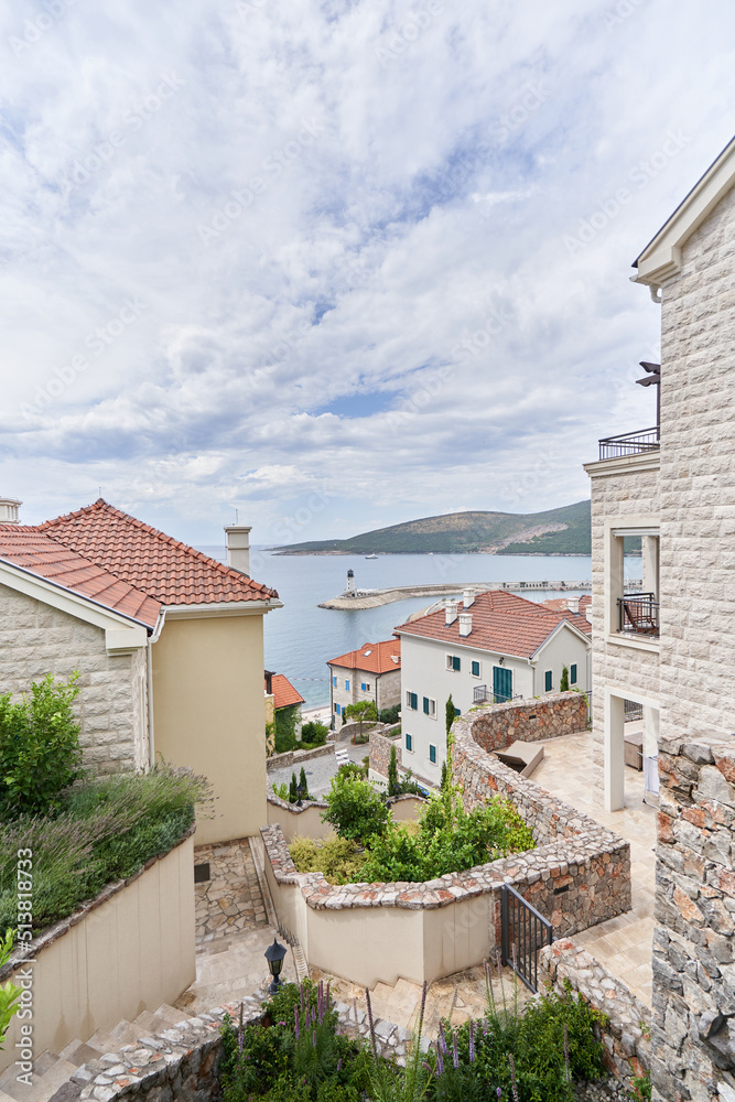 View of residential district of Lustica Bay by the sea in Montenegro