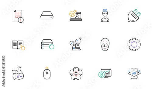 Microscope, Mini pc and Doctor line icons for website, printing. Collection of Natural linen, Read instruction, Manual icons. Augmented reality, Recovery gear, Electric plug web elements. Vector