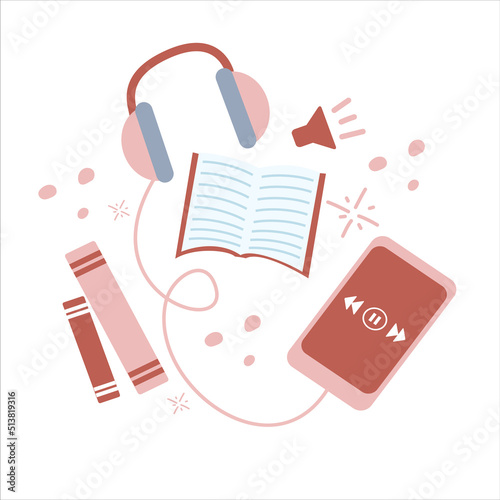 Audiobook illustration. Concept for distance learning, webinar, tutorial