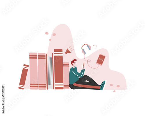 Audiobook illustration. Smartphone with books on the shelves, . A person reading a book. Concept for distance learning, webinar, tutorial