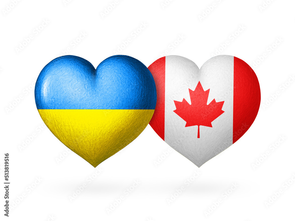 Two flag heart. Flags of Ukraine and Canada. Two hearts in the colors of the flags isolated on a white background. Protection, solidarity and help. Two flag heart. Flags of Ukraine and Canada. Two hearts in the colors of the flags isolated on a white background. Protection, solidarity and help.