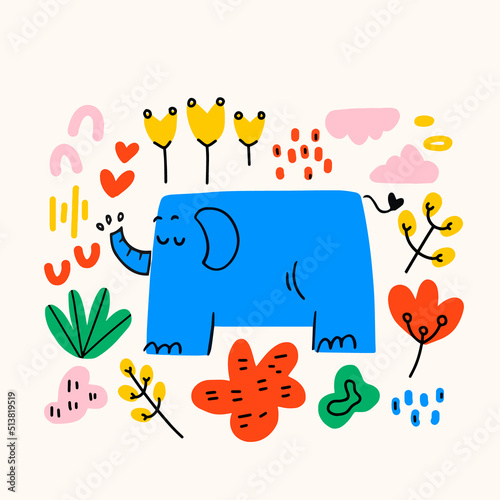 Abstract elephant design with doodle elements on the white background. Good vibes. Cute greeting card with elephant and colorful hearts. Kids room poster, baby nursery, greeting card, clothing.