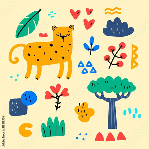 Hand drawn doodle set of leopard, plants and doodle spots. Colorful african wildlife and exotic predator. Abstract tropical jungle leaves. Color doodle style print with animal and botanical elements.
