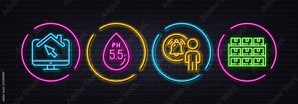 Work home, Ph neutral and User notification minimal line icons. Neon laser 3d lights. Boxes shelf icons. For web, application, printing. Freelance work, Water, People attention. Vector
