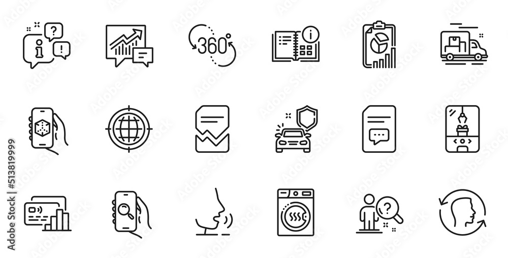 Outline set of Search app, 3d app and Corrupted file line icons for web application. Talk, information, delivery truck outline icon. Include Face id, Seo internet, Report icons. Vector
