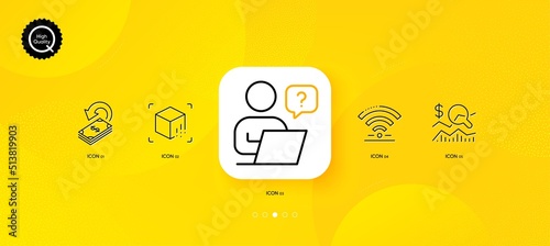 Online question, Wifi and Augmented reality minimal line icons. Yellow abstract background. Cashback, Check investment icons. For web, application, printing. Vector