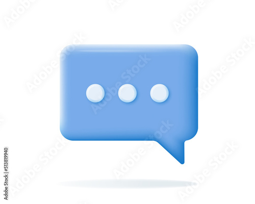 3d Chat bubble rendering. Blue Speech or speak bubble icon on white background. Chatting box, message and tallking cloud. Social network communication concept. Vector illustration.