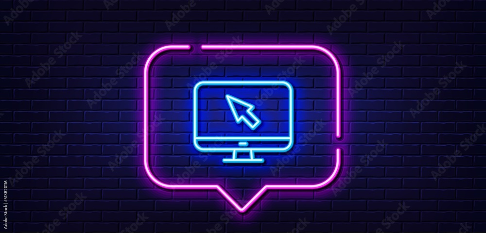 Neon light speech bubble. Computer or Monitor icon. Mouse cursor sign. Personal computer symbol. Neon light background. Internet glow line. Brick wall banner. Vector Neon light speech bubble. Computer or Monitor icon. Mouse cursor sign. Personal computer symbol. Neon light background. Internet glow line. Brick wall banner. Vector