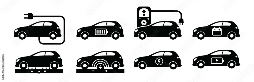 Electric car icon set. Electric car with charging power cord cable. Charge station sign. Magnetic wireless charging pad or road. Vector stock illustration.