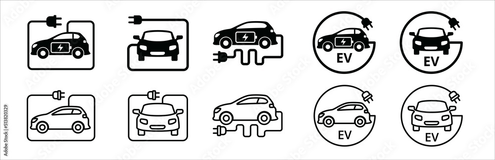 Electric car icon set. Electric car with charging power cord cable. Electric powered vehicle automobile sign. Vector stock symbol illustration. Flat and outline design style.