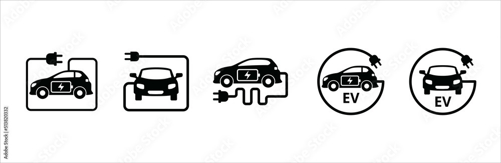 Electric car icon set. Electric car with charging power cord cable. Electric powered vehicle automobile sign. Vector stock symbol illustration. Flat simple design style. Electric car icon set. Electric car with charging power cord cable. Electric powered vehicle automobile sign. Vector stock symbol illustration. Flat simple design style.