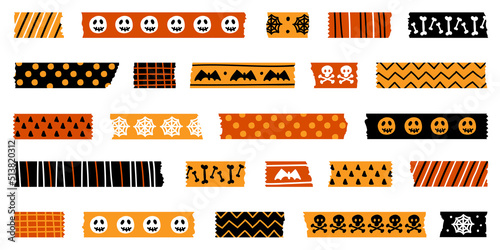 Halloween washi tape strips with torn edges in orange and black patterns. Semitransparent. Perfect as photo frame border, clipart or scrapbook embellishment. Global colors used. Halloween labels.
