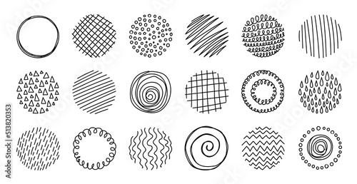 Set of round abstract line black backgrounds or patterns. Set of circle contemporary hand drawn doodle shapes backdrop. Spots, drops, curves, Lines. Contemporary modern trendy Vector illustration.
