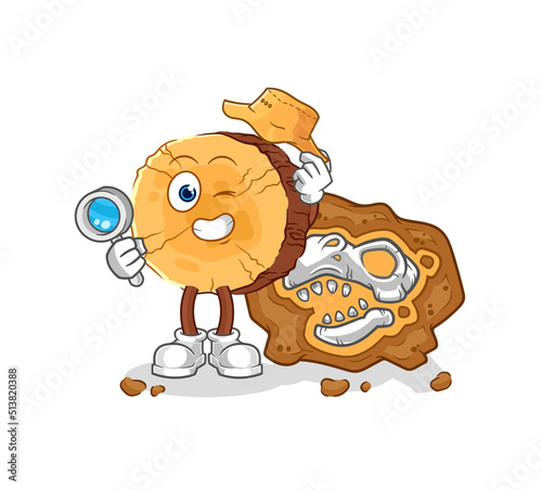 round log archaeologists with fossils mascot. cartoon vector