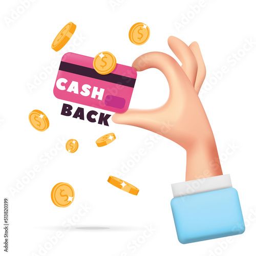 Cartoon 3d vector hand holding pink credit card  icon design. Get started cash back with credit  or debit card. Finance business reward bonus loyalty program with dollar gold coins.