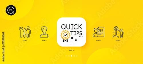 Job interview, Quick tips and Businesswoman person minimal line icons. Yellow abstract background. Repairman, Discount icons. For web, application, printing. Vector