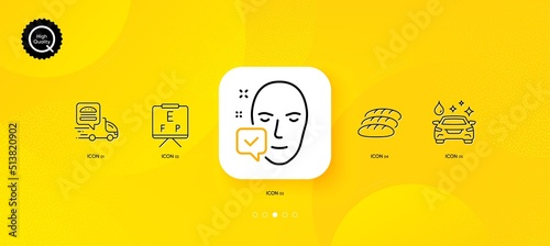 Car wash, Bread and Vision board minimal line icons. Yellow abstract background. Food delivery, Face accepted icons. For web, application, printing. Cleaning service, Fresh baguette, Eye check. Vector