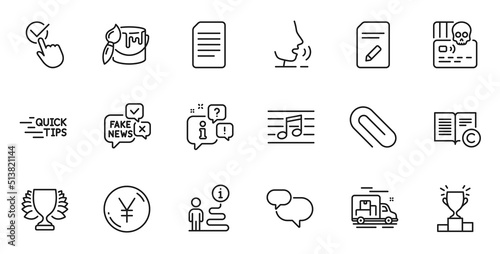 Outline set of Support, Education and Musical note line icons for web application. Talk, information, delivery truck outline icon. Include Edit document, Fake news, Document icons. Vector