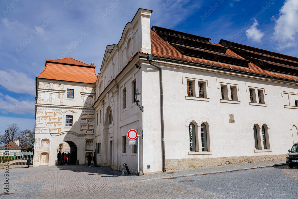 Litomysl, Czech Republic, 17 April 2022: Renaissance castle, UNESCO World Heritage Site, chateau with sgraffito mural decorated plaster at facade at sunny day, Former brewery