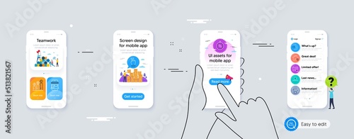 Set of Heart, Medical calendar and Marketplace line icons. Phone ui interface. Include Loan house, Travel compass, Wallet icons. Victory hand, Uv protection, Graph chart web elements. Vector