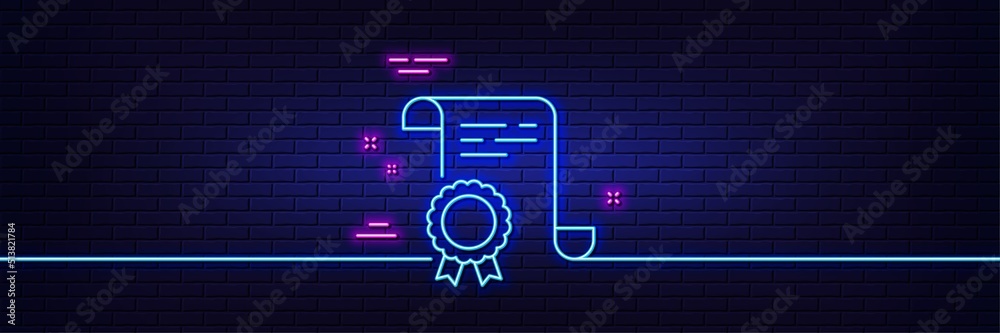 Neon light glow effect. Certificate line icon. Certified document sign. Medal or stamp symbol. 3d line neon glow icon. Brick wall banner. Certificate outline. Vector Neon light glow effect. Certificate line icon. Certified document sign. Medal or stamp symbol. 3d line neon glow icon. Brick wall banner. Certificate outline. Vector