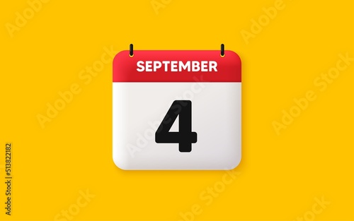 Calendar date 3d icon. 4th day of the month icon. Event schedule date. Meeting appointment time. Agenda plan, September month schedule 3d calendar and Time planner. 4th day day reminder. Vector
