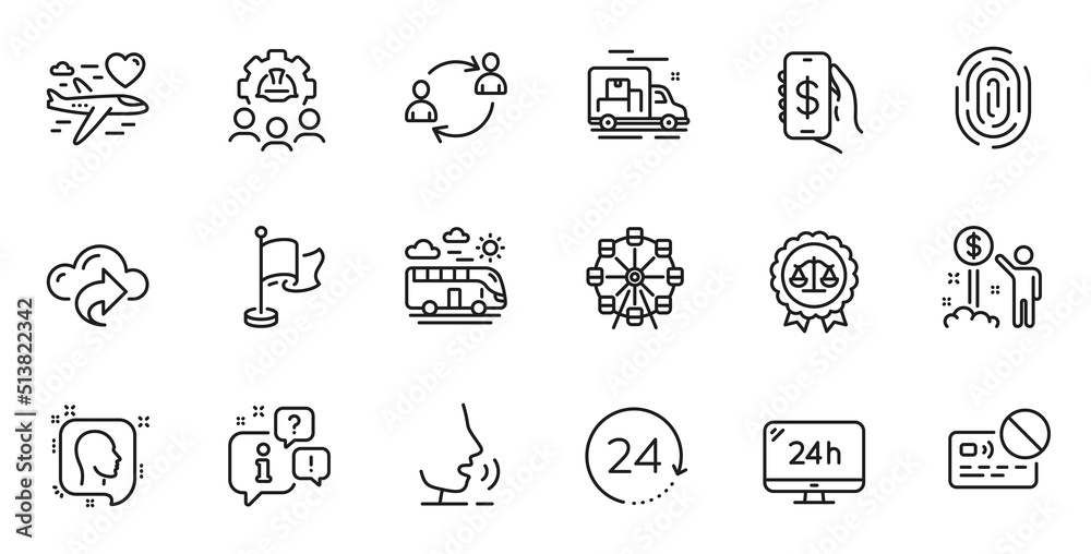 Outline set of 24 hours, User communication and Engineering team line icons for web application. Talk, information, delivery truck outline icon. Include Card, Flag, Head icons. Vector Outline set of 24 hours, User communication and Engineering team line icons for web application. Talk, information, delivery truck outline icon. Include Card, Flag, Head icons. Vector