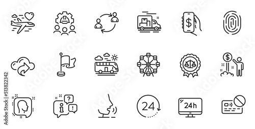Outline set of 24 hours  User communication and Engineering team line icons for web application. Talk  information  delivery truck outline icon. Include Card  Flag  Head icons. Vector