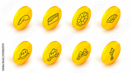 Set line Japanese ninja shuriken, Sushi on cutting board, Dumpling, Khinkali, Paper chinese or japanese folding fan, Flower, and Chinese fortune cookie icon. Vector