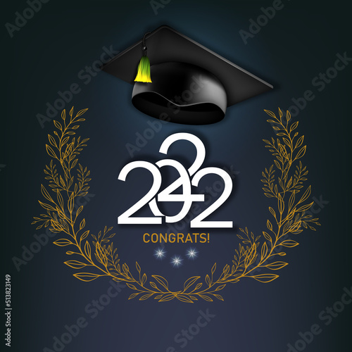 Class of 2022 with graduation cap. Congratulations on graduation with the inscription graduate. Vector illustration template for design party high school or college, graduation invitations