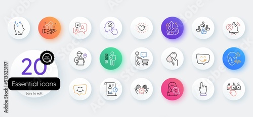 Simple set of Delivery man, Collagen skin and Select user line icons. Include Analysis graph, Voting ballot, Smile chat icons. Report, Stress, Teamwork web elements. Heart, Support chat. Vector