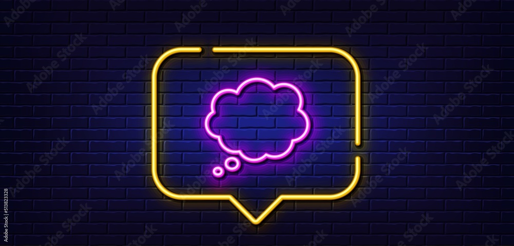 Neon light speech bubble. Comic Speech bubble line icon. Chat sign. Communication or Comment symbol. Neon light background. Comic message glow line. Brick wall banner. Vector
