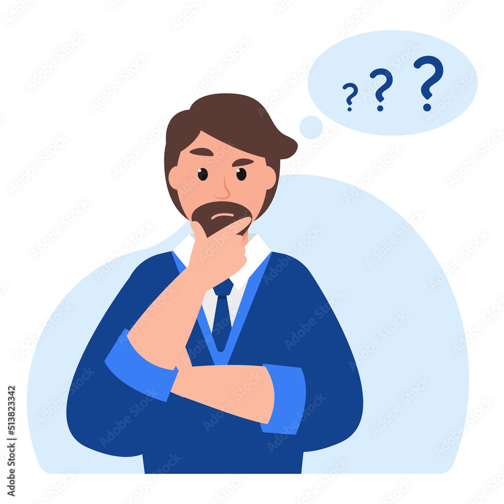 Thinking man and question marks in bubble. Thoughtful businessman. Brainstorm new idea. Vector illustration. Thinking man and question marks in bubble. Thoughtful businessman. Brainstorm new idea. Vector illustration.