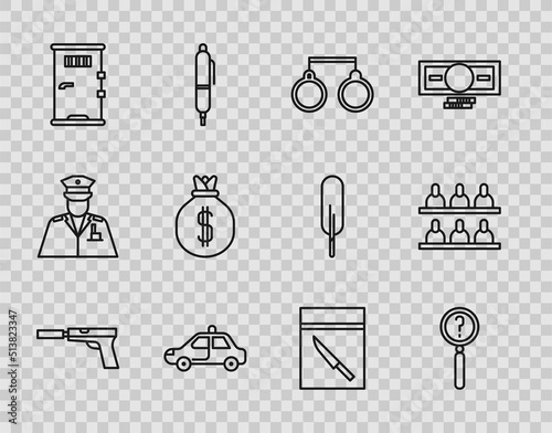 Set line Pistol or gun with silencer, Magnifying glass search, Handcuffs, Police car flasher, Prison cell door, Money bag, Evidence knife and Jurors icon. Vector