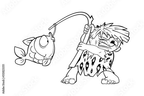 Primitive man fishing with a rod.Vector coloring book in cartoon black and white style, isolated