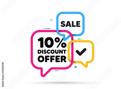 10 percent discount tag. Ribbon bubble chat banner. Discount offer coupon. Sale offer price sign. Special offer symbol. Discount adhesive tag. Promo banner. Vector