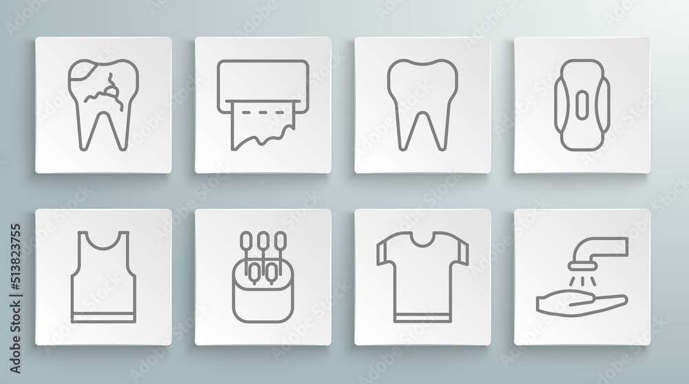 Set line Sleeveless T-shirt, Paper towel dispenser on wall, Cotton swab for ears, Washing hands with soap, Tooth, Sanitary napkin and Broken tooth icon. Vector Set line Sleeveless T-shirt, Paper towel dispenser on wall, Cotton swab for ears, Washing hands with soap, Tooth, Sanitary napkin and Broken tooth icon. Vector