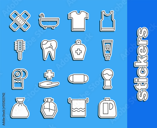 Set line Bottles for cleaning agent, Shaving brush, Tube of toothpaste, T-shirt, Broken, Hairbrush, Crossed bandage plaster and liquid antibacterial soap icon. Vector
