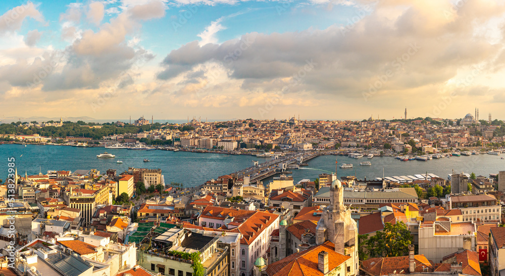 Panoramic view of Istanbul skyline with Golden Horn strait at sunset