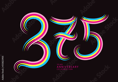 375 number design vector, graphic t shirt, 375 years anniversary celebration logotype colorful line,375th birthday logo, Banner template, logo number elements for invitation card, poster, t-shirt.