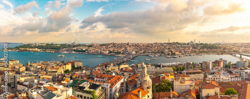 Istanbul panorama, skyline with Golden Horn strait at sunset