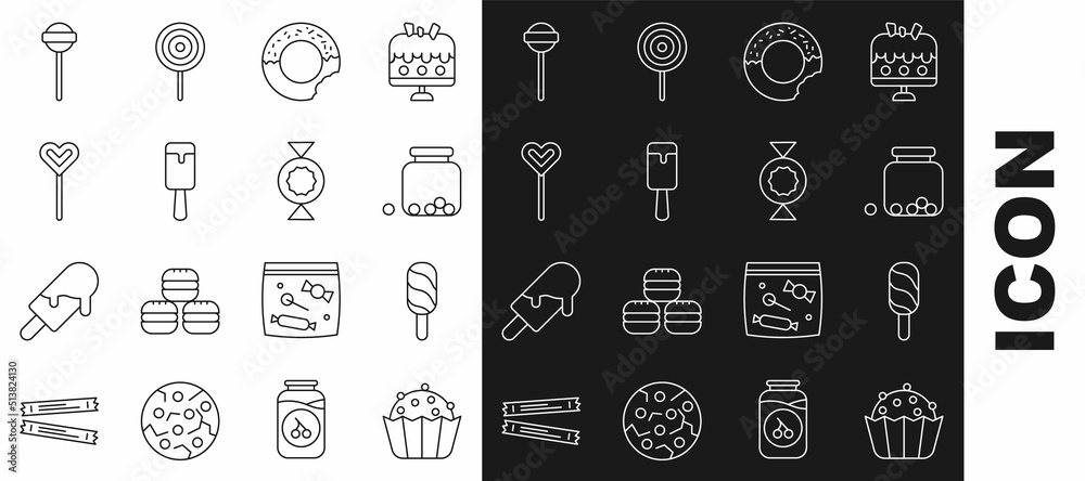 Set line Cupcake, Ice cream, Glass jar with candies inside, Donut, Lollipop, and Candy icon. Vector Set line Cupcake, Ice cream, Glass jar with candies inside, Donut, Lollipop, and Candy icon. Vector