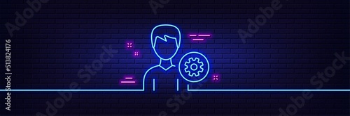 Neon light glow effect. User settings line icon. Profile Avatar with cogwheel sign. Male Person silhouette symbol. 3d line neon glow icon. Brick wall banner. Support outline. Vector