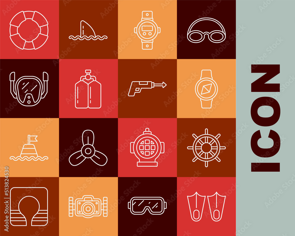 Set line Rubber flippers, Ship steering wheel, Compass, Diving watch, Aqualung, mask, Lifebuoy and Fishing harpoon icon. Vector Set line Rubber flippers, Ship steering wheel, Compass, Diving watch, Aqualung, mask, Lifebuoy and Fishing harpoon icon. Vector